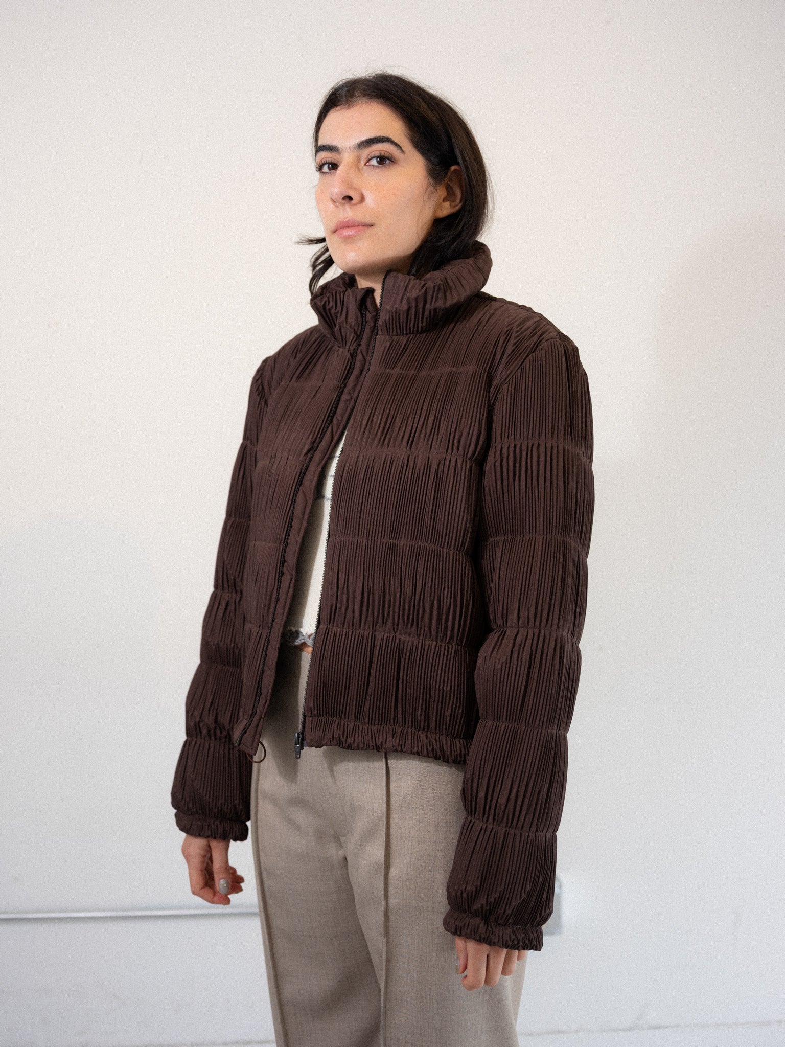 Pleated Puffer Jacket (Brown)