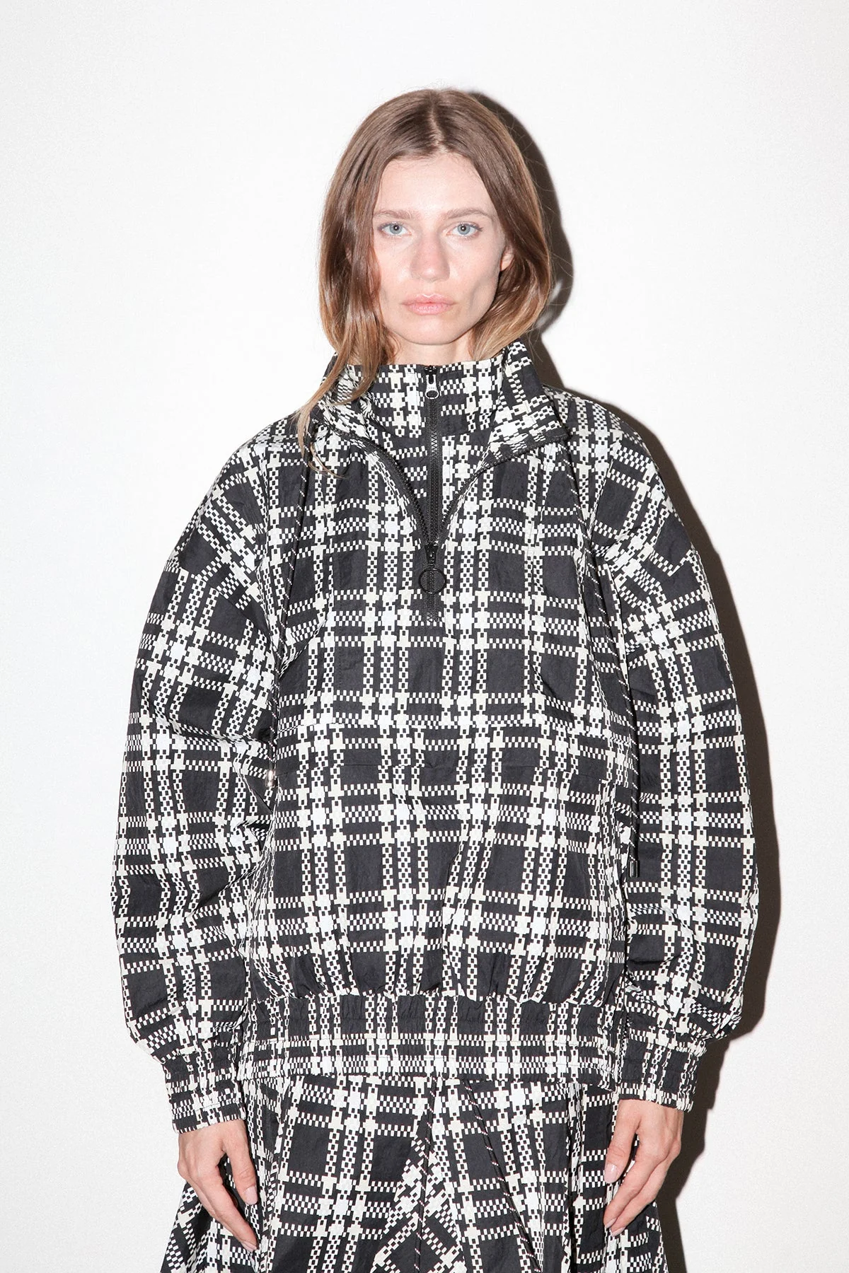 Plaid Trail Double Mock Neck Jacket (Black Plaid)