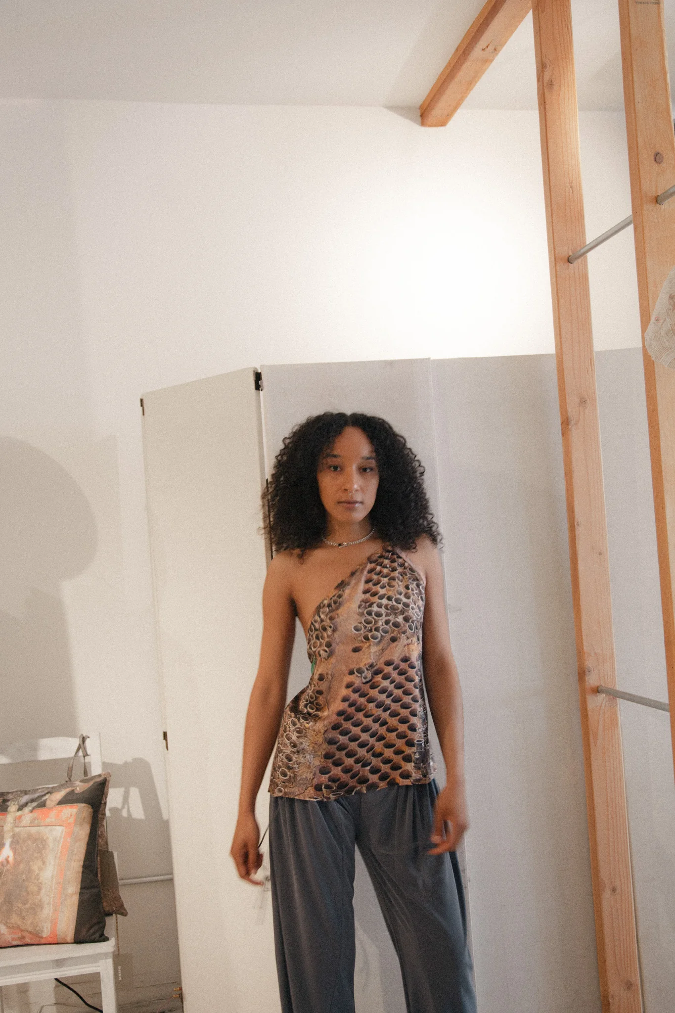 Scrapyard Pattern One Shoulder Silk Top - Image 4